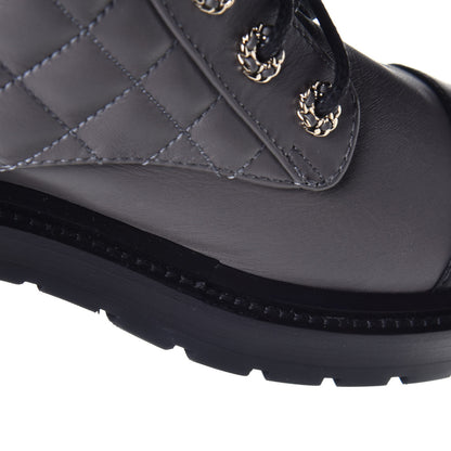 Chanel Shiny Lambskin Quilted Lace Up Combat Boots 38 Grey Black 10 of 10