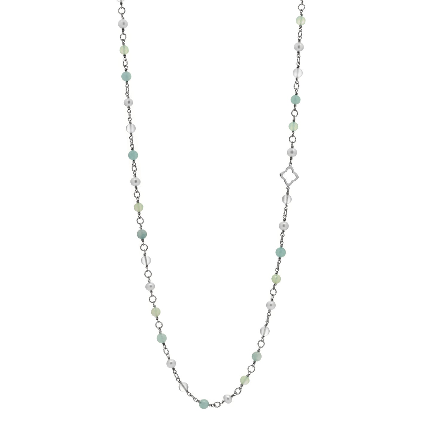 Sterling Silver Pearl Aquamarine Chalcedony 14mm Quatrefoil Necklace