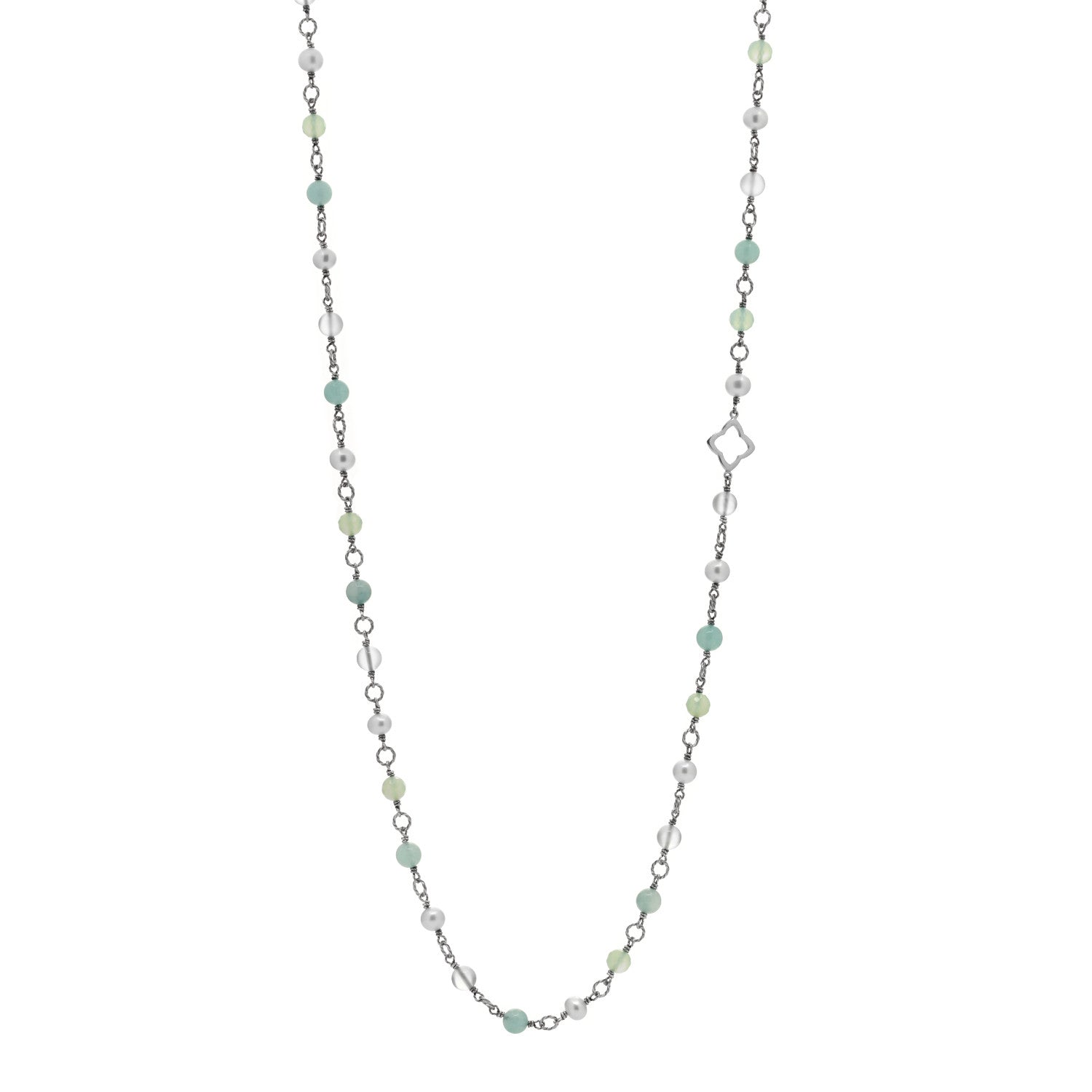 David Yurman Sterling Silver Pearl Aquamarine Chalcedony 14mm Quatrefoil Necklace 1 of 3