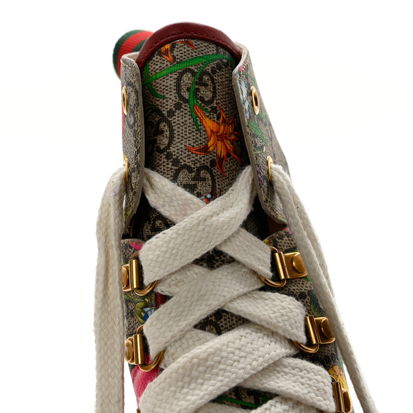 GG Supreme Monogram Flora Lace Up Combat Ankle Boots 38 Beige Multicolor Red