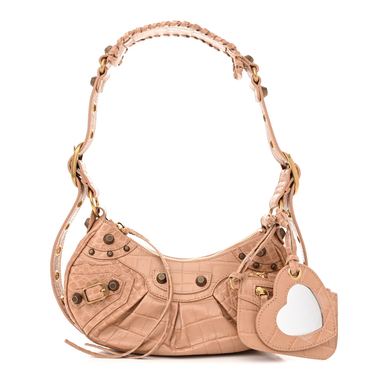 Extra Supple Calfskin Crocodile Embossed Le Cagole Shoulder Bag XS Nude Beige