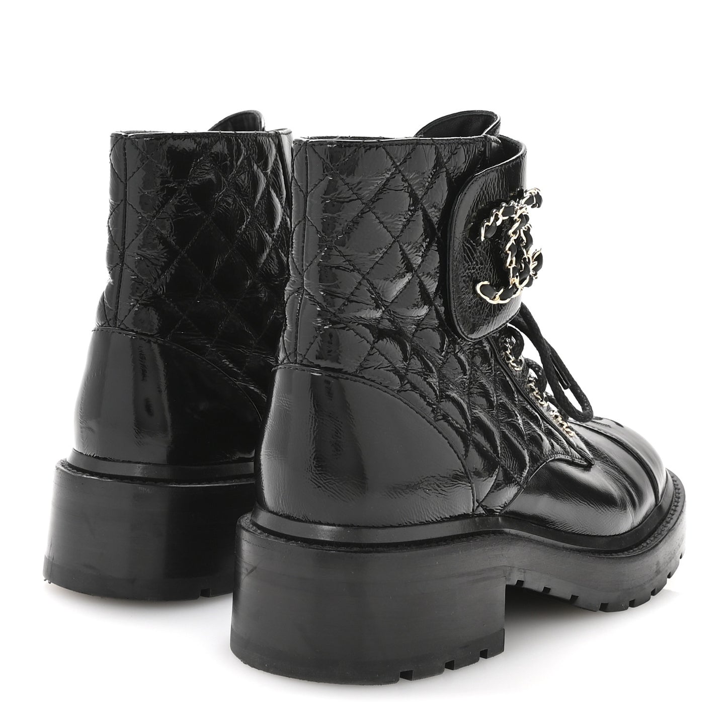 Shiny Calfskin Quilted Lace Up Combat Boots 38 Black