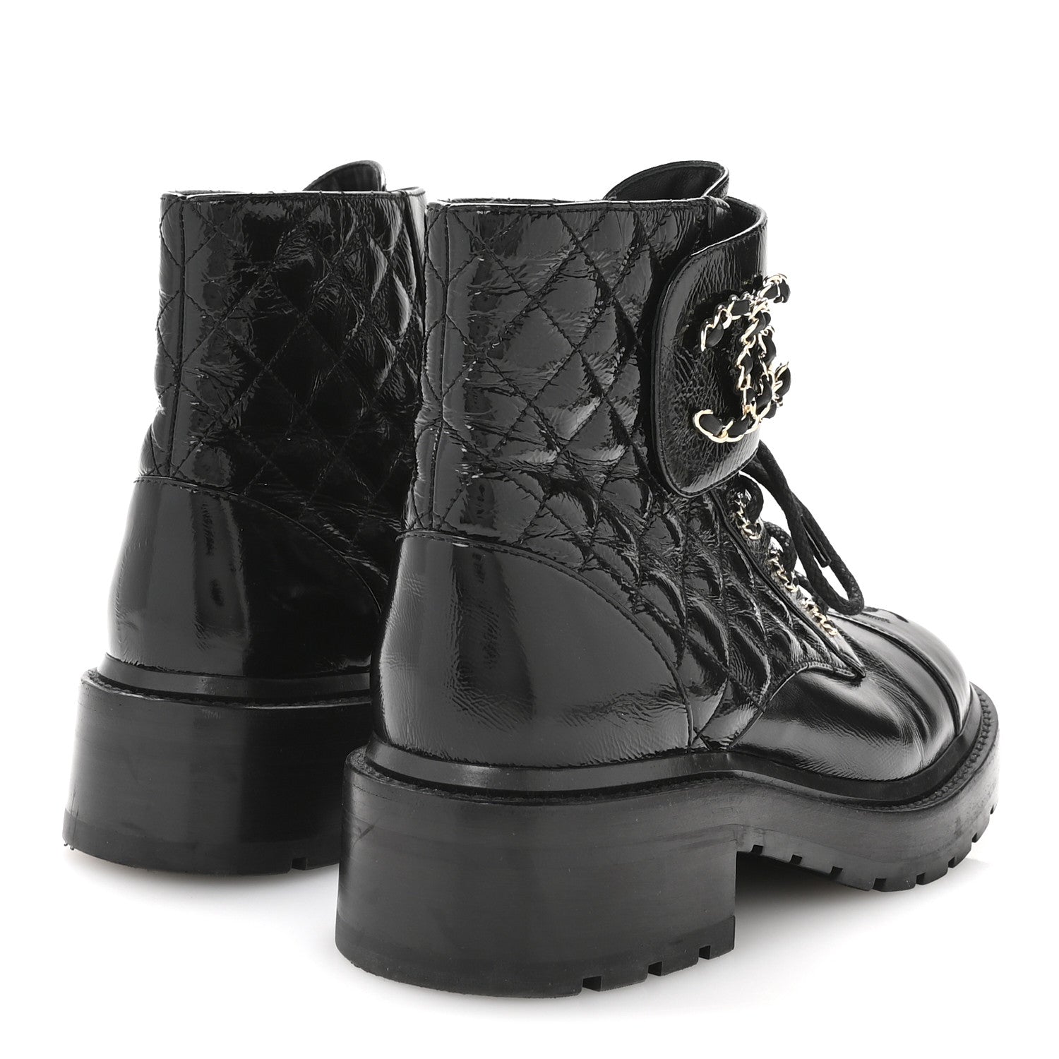 Chanel Shiny Calfskin Quilted Lace Up Combat Boots 38 Black 5 of 8