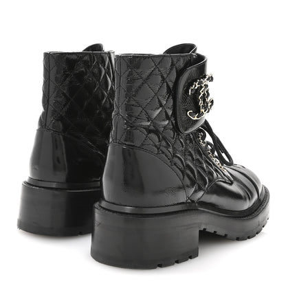 Chanel Shiny Calfskin Quilted Lace Up Combat Boots 38 Black 5 of 8