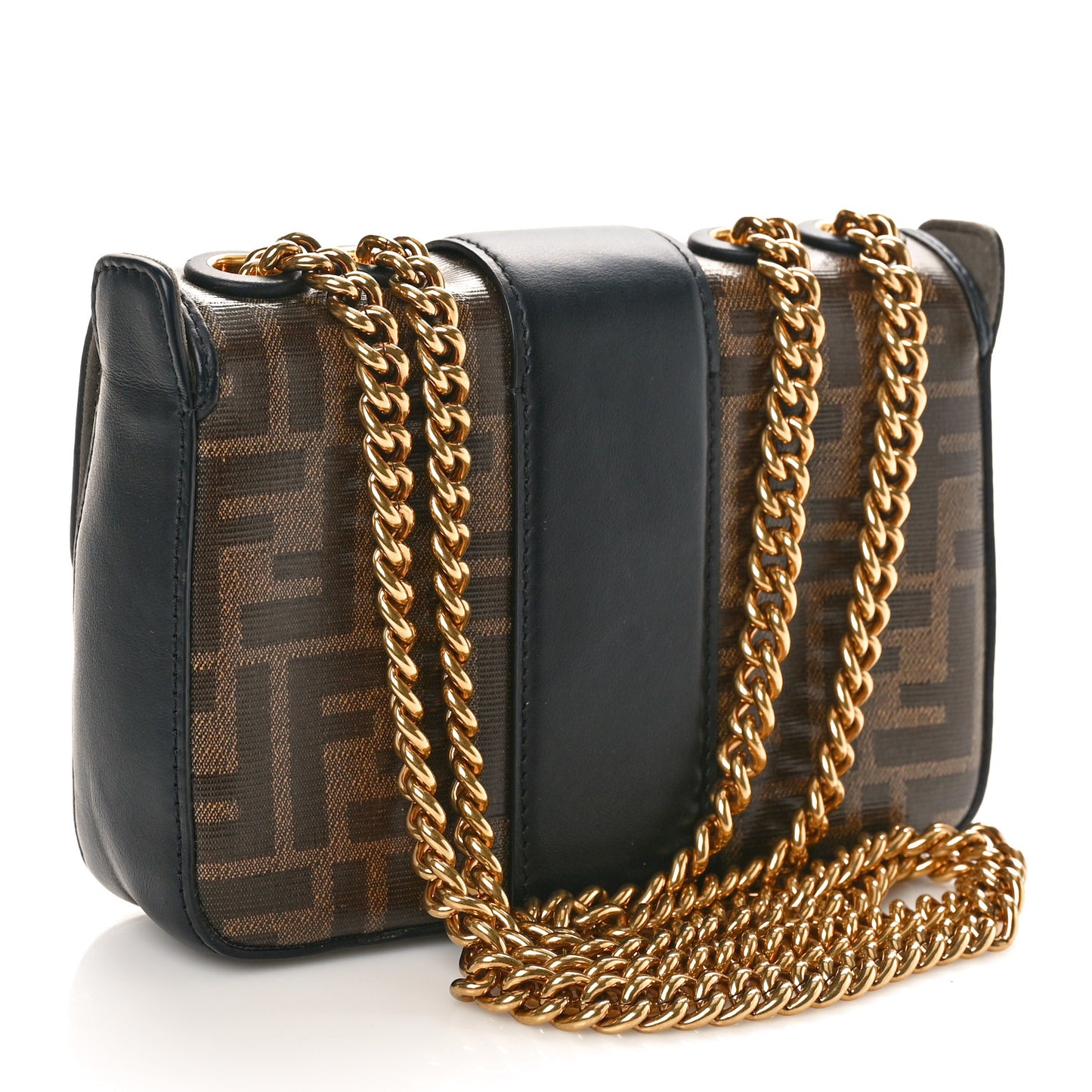 Glazed Fabric Vitello Century FF 1974 Stamp Patch Mini Double F Crossbody Bag Mogano Panna Black