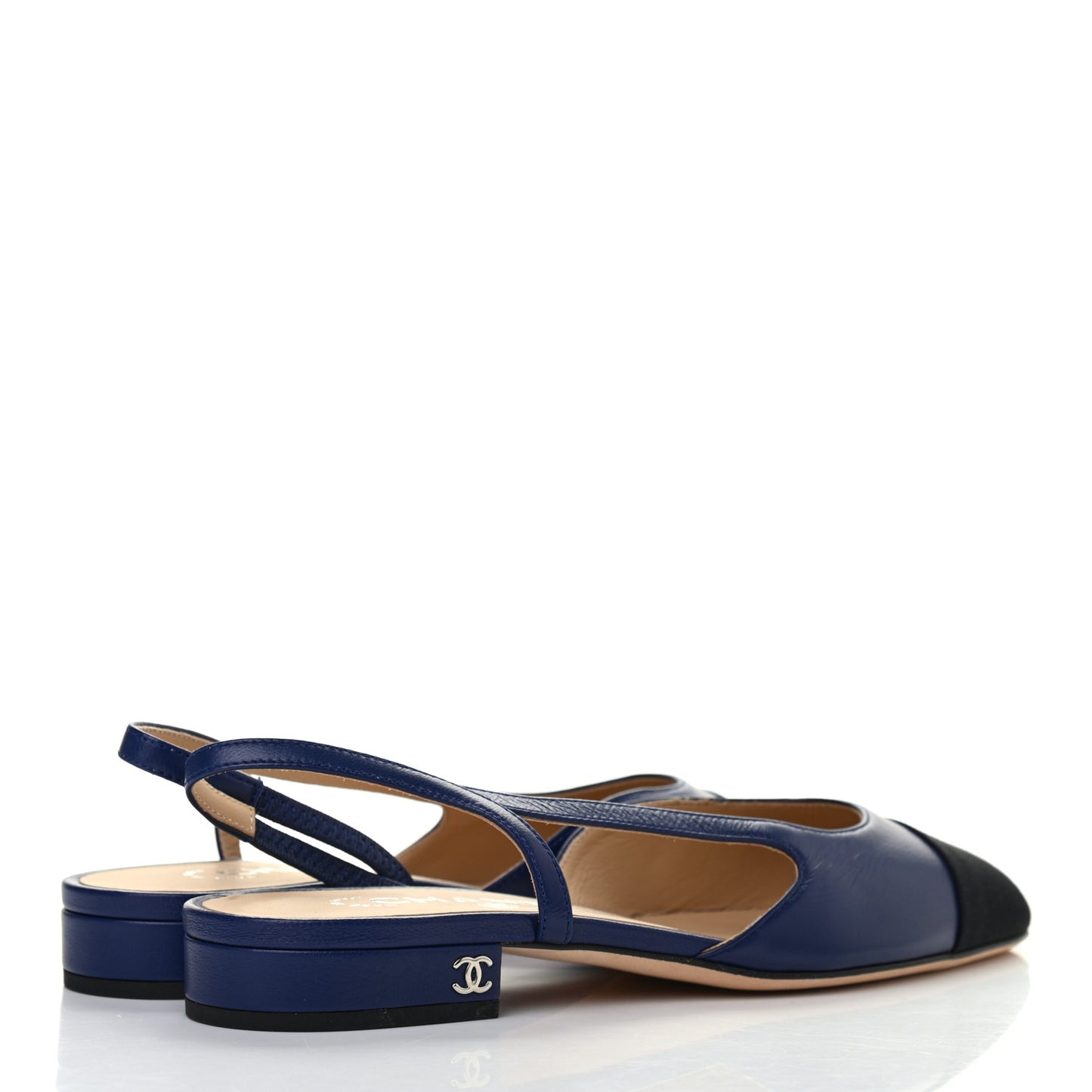 Lambskin Cap Toe CC Slingback Flats 36 Navy Black