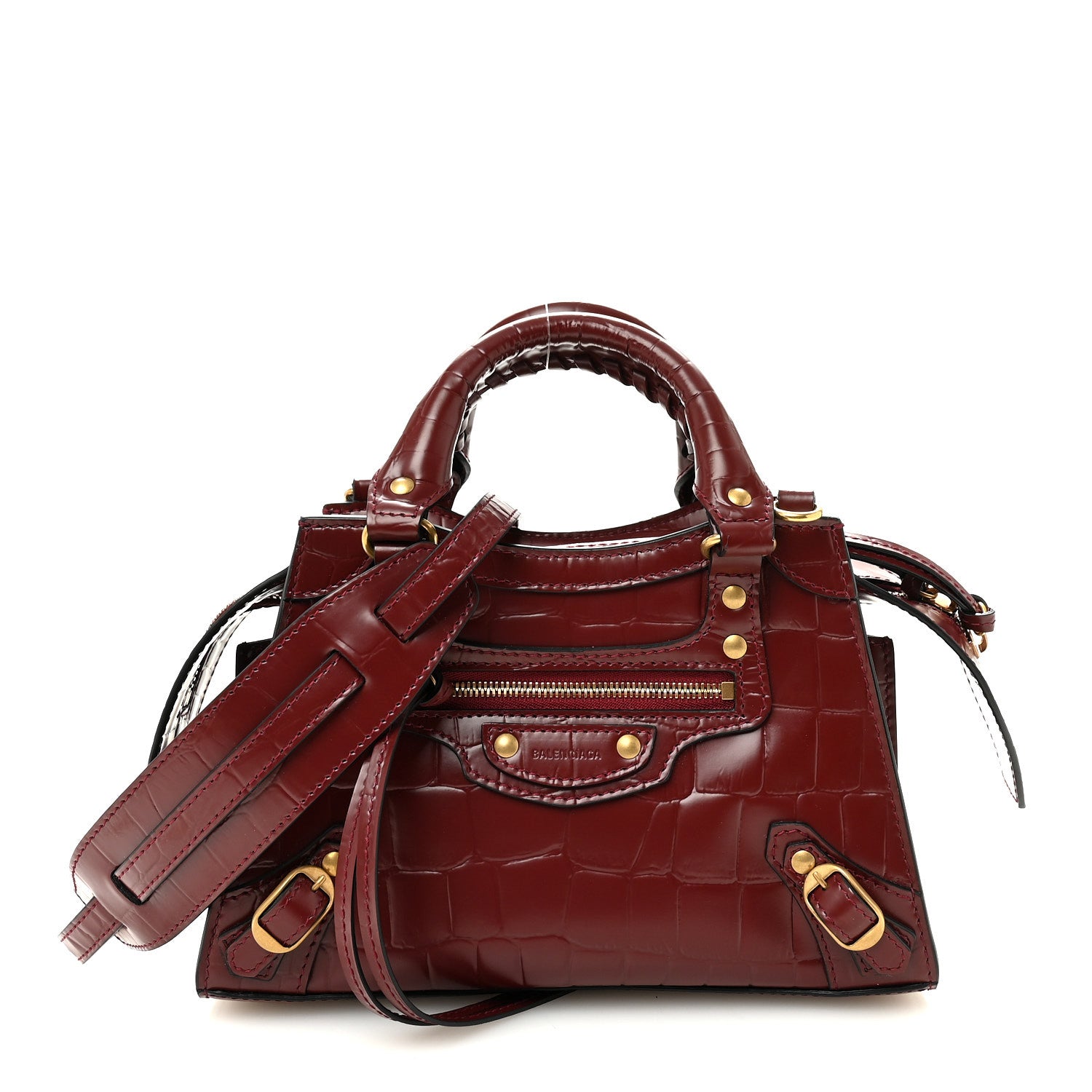 Balenciaga Semi Shiny Calfskin Crocodile Embossed Neo Classic Gold Hardware Mini City Dark Red 1 of 9