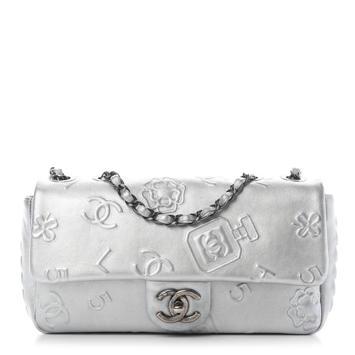 Metallic Lambskin Symbols Medium Single Flap Silver