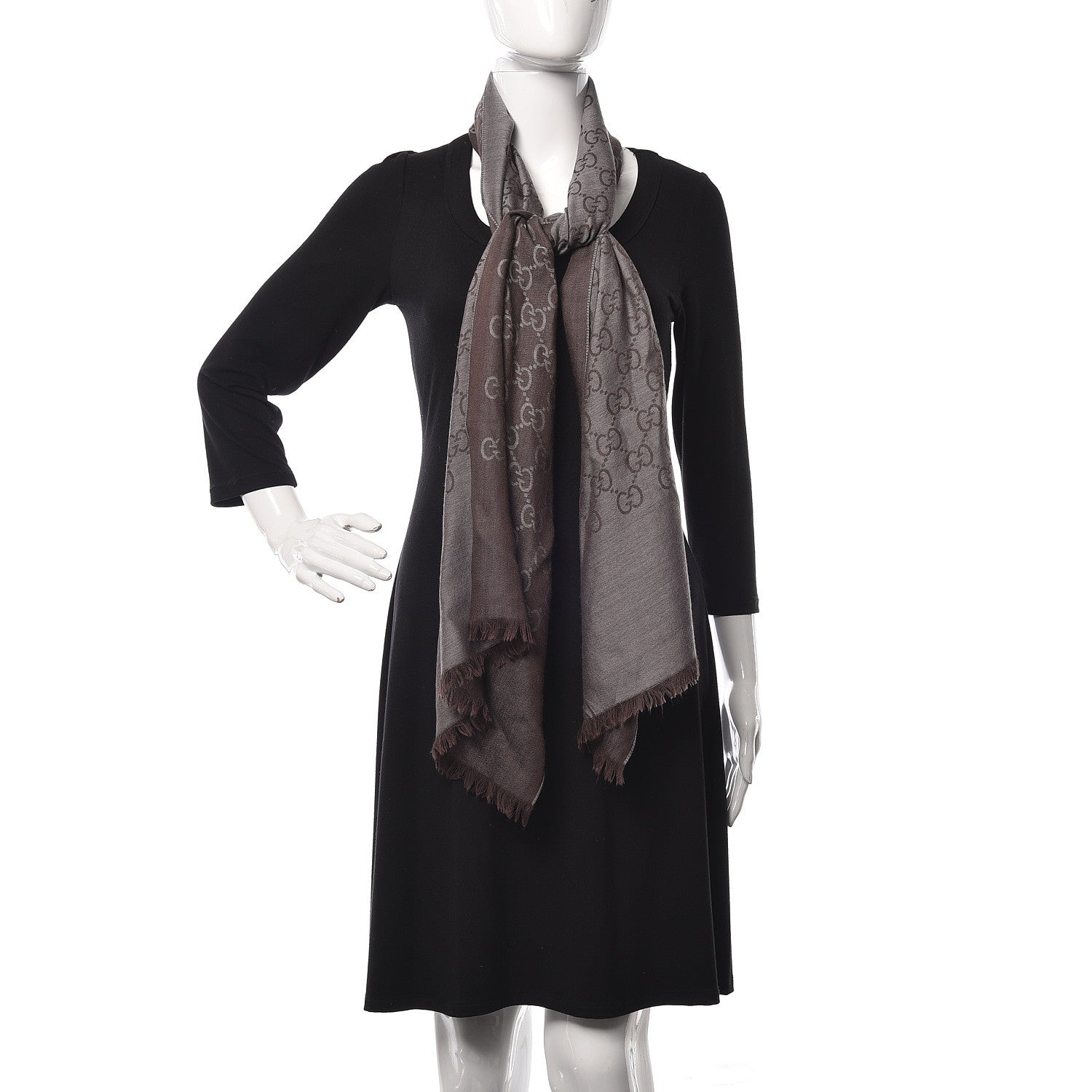 Gucci Wool Silk Monogram Fringe Scarf Grey 2 of 5