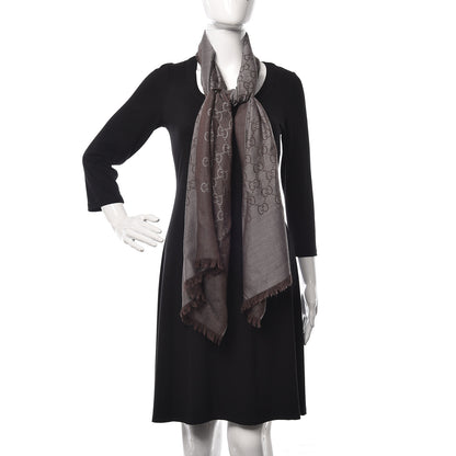 Gucci Wool Silk Monogram Fringe Scarf Grey 2 of 5