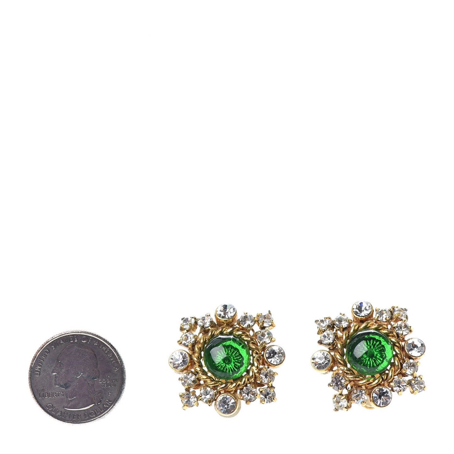 Resin Crystal Clip On Earrings Gold Green