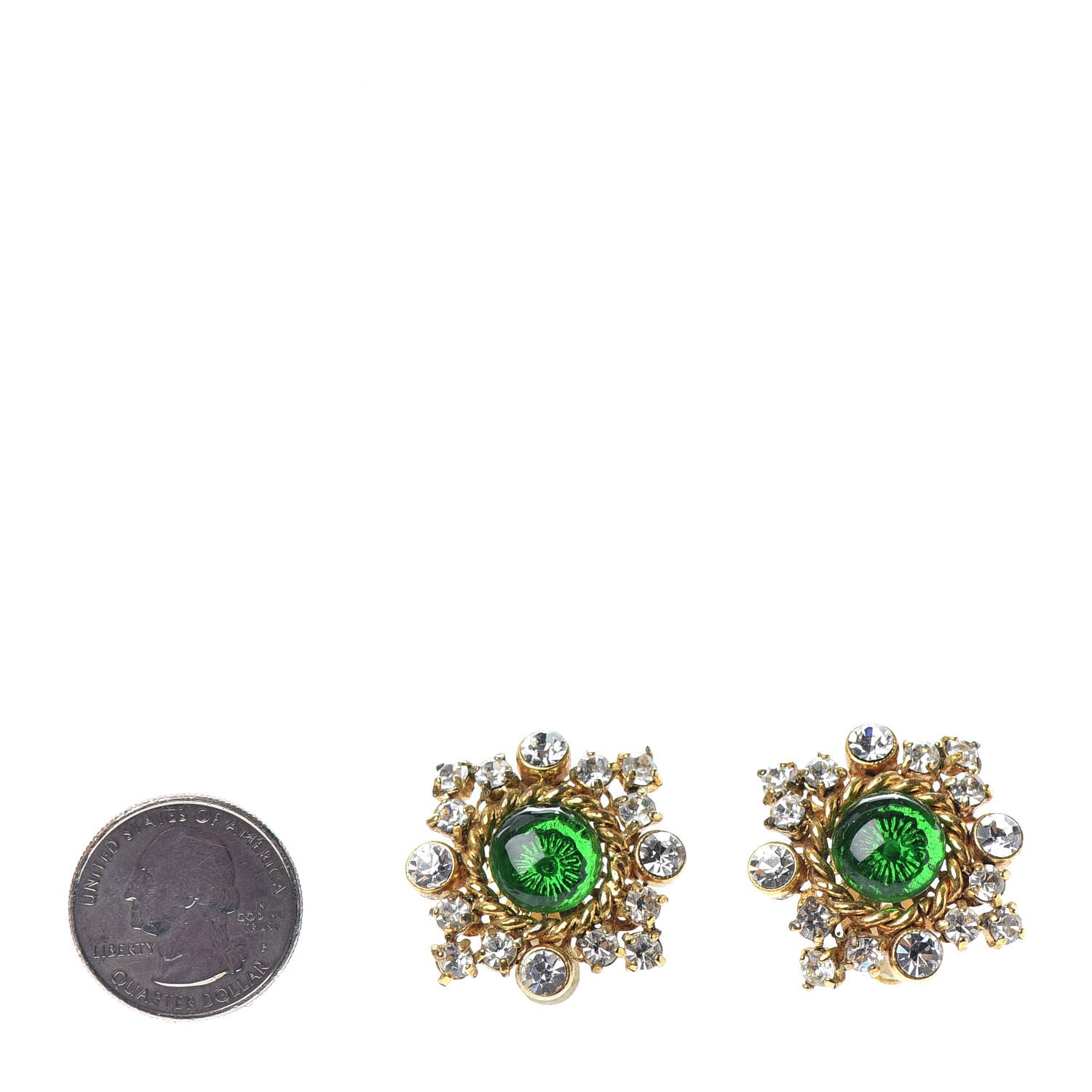 Chanel Resin Crystal Clip On Earrings Gold Green 2 of 4