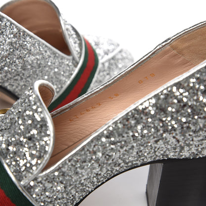 Gucci Glitter Nappa Web Peyton 75mm Loafer Pumps 38 Argento 8 of 12