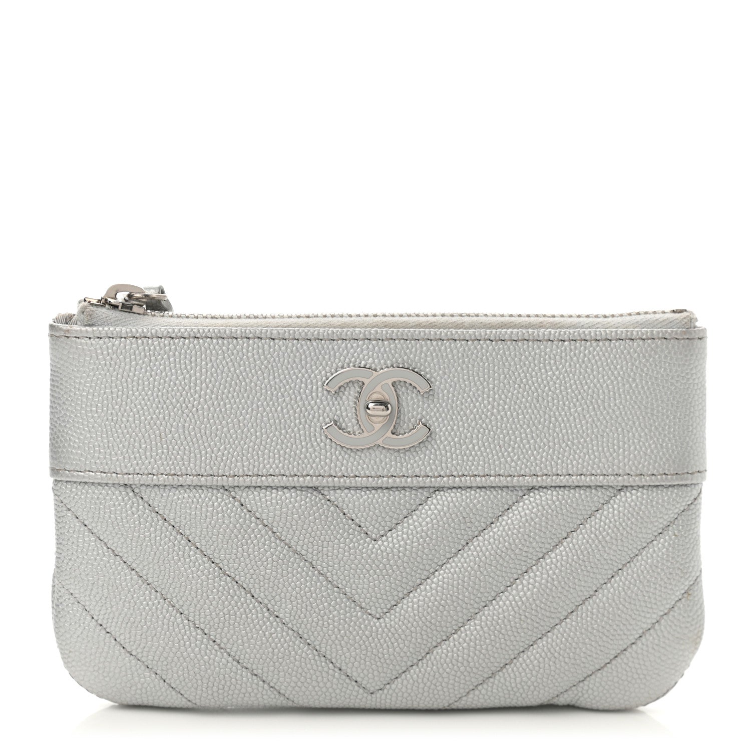 Chanel Metallic Caviar Chevron Quilted Small Vintage Mademoiselle Cosmetic Case Silver 1 of 8