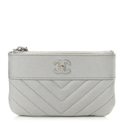 Chanel Metallic Caviar Chevron Quilted Small Vintage Mademoiselle Cosmetic Case Silver 1 of 8