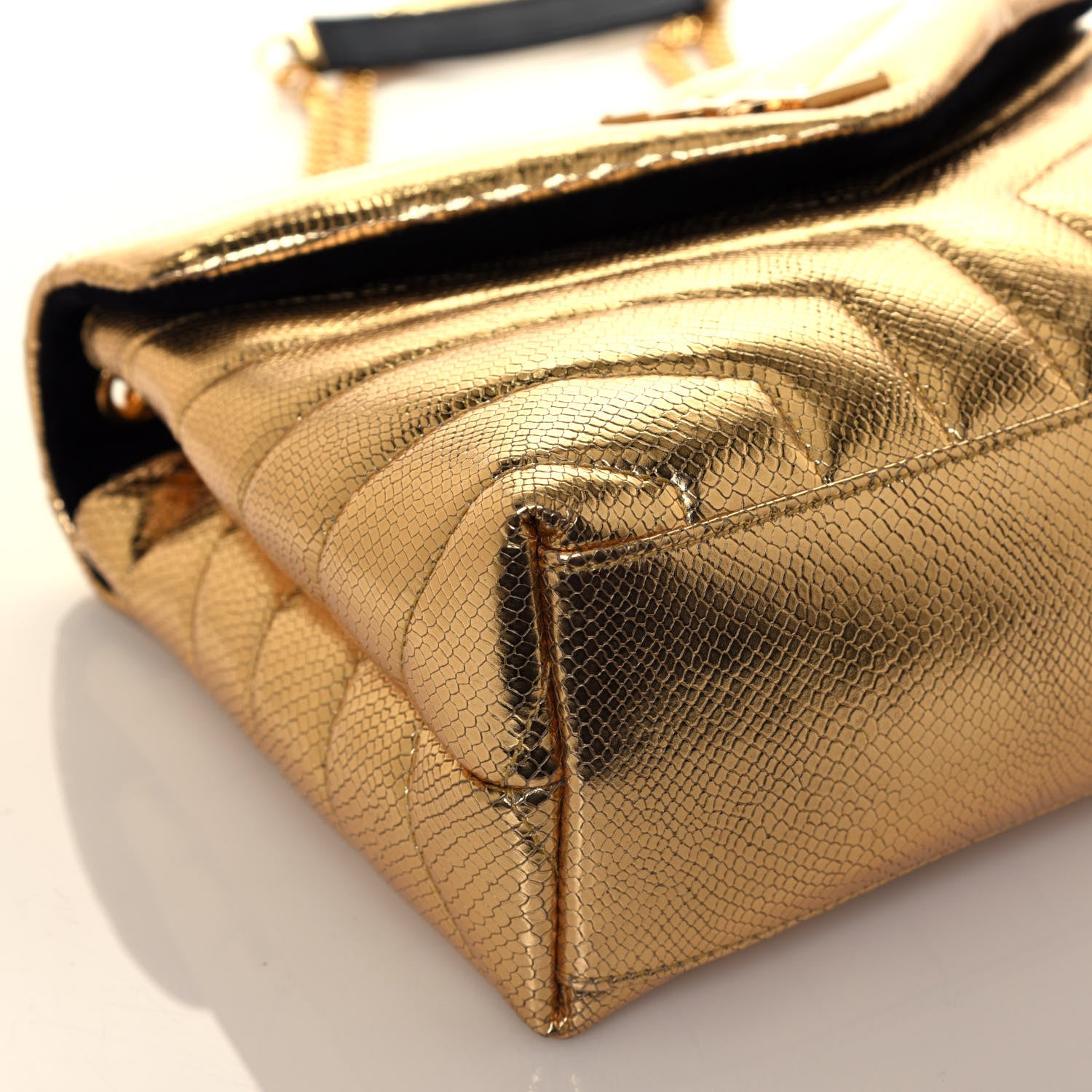 Saint Laurent Snake Embossed Lame Y Quilted Small Loulou Monogram Chain Satchel Oro 9 of 13