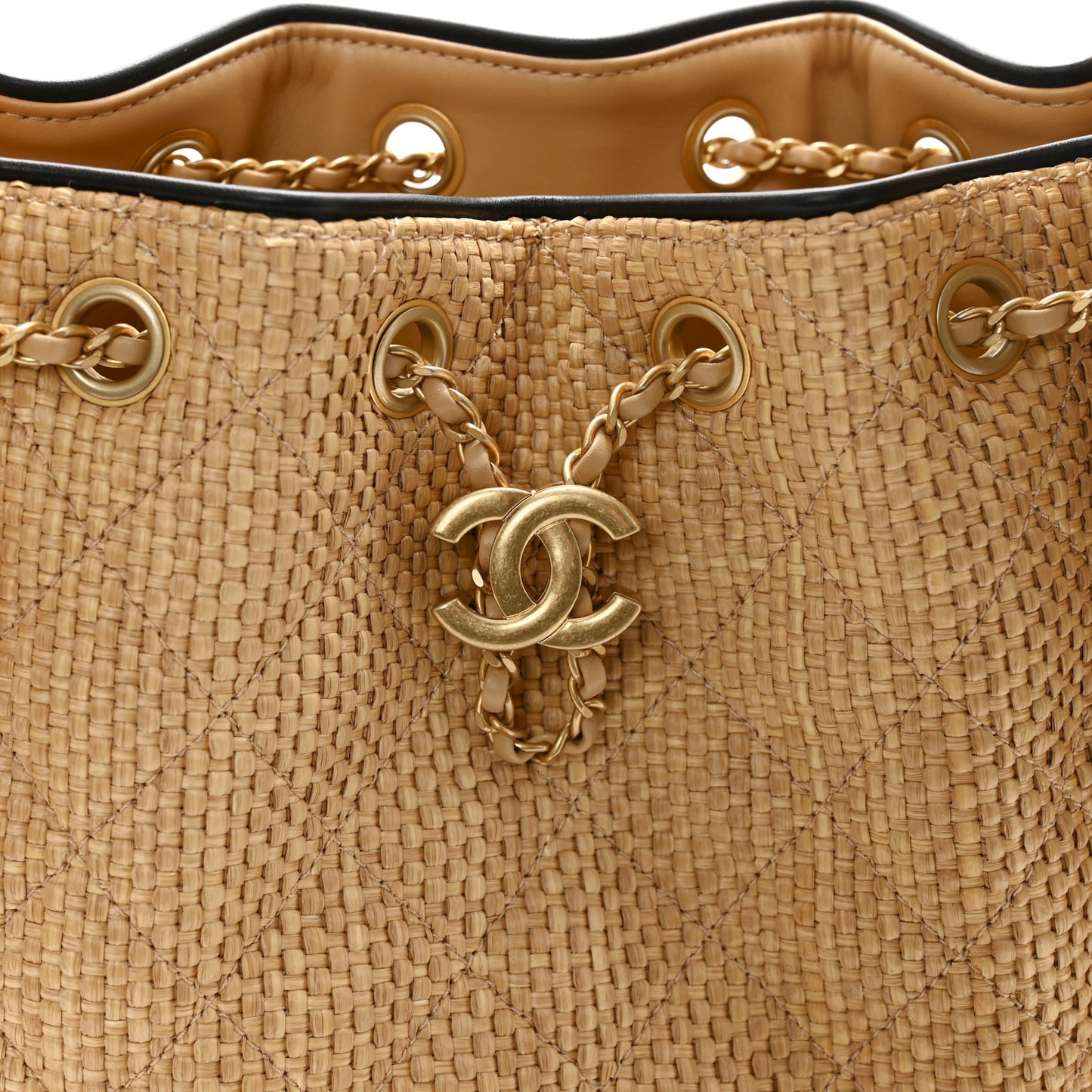 Braided Raffia Calfskin Quilted Small Chanel 25 Handbag Beige Black