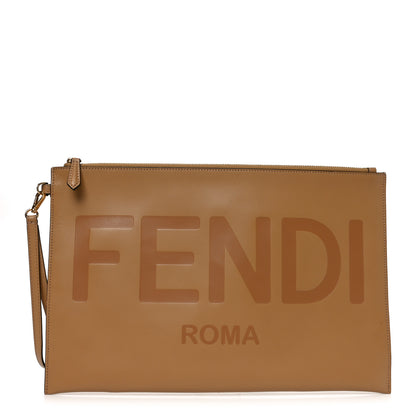Fendi Vitello King Logo Embossed Large Flat Pouch Miele Scuro 1 of 7