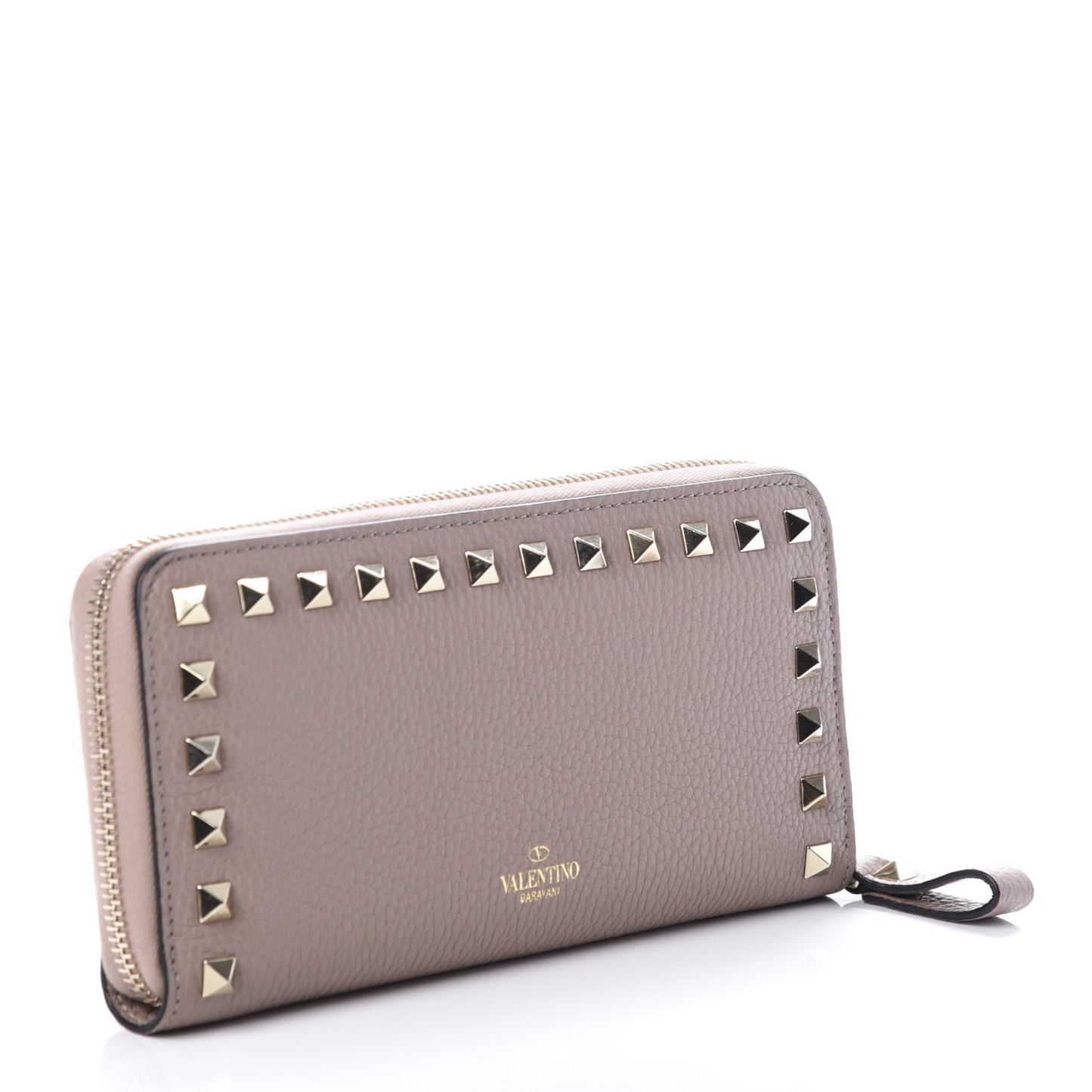 Grained Calfskin Rockstud Zip Around Wallet Poudre