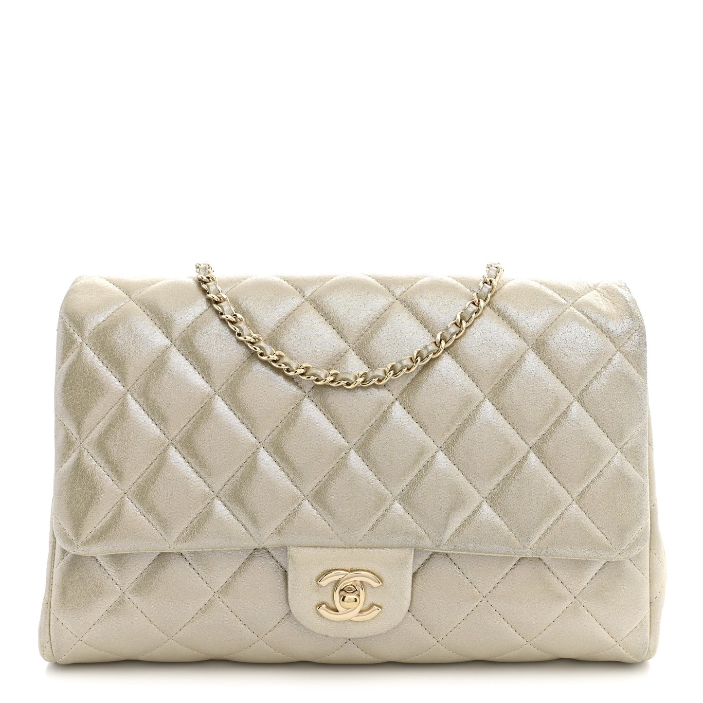 Iridescent Calfskin Quilted Clutch With Chain Flap Light Gold
