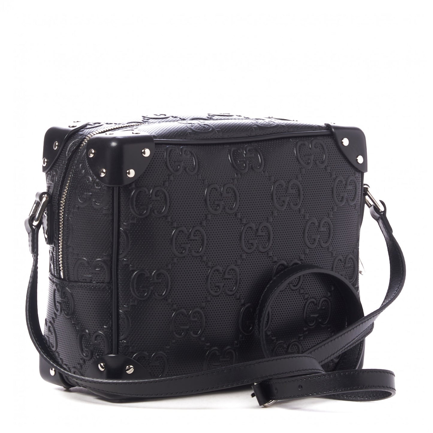 Calfskin GG Tennis Embossed Square Messenger Bag Black