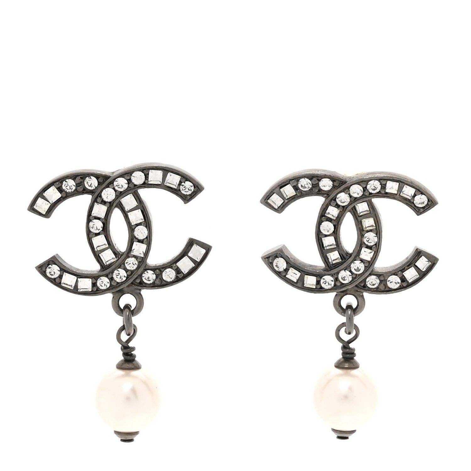 Chanel Ruthenium Crystal Pearl CC Drop Earrings 1 of 5