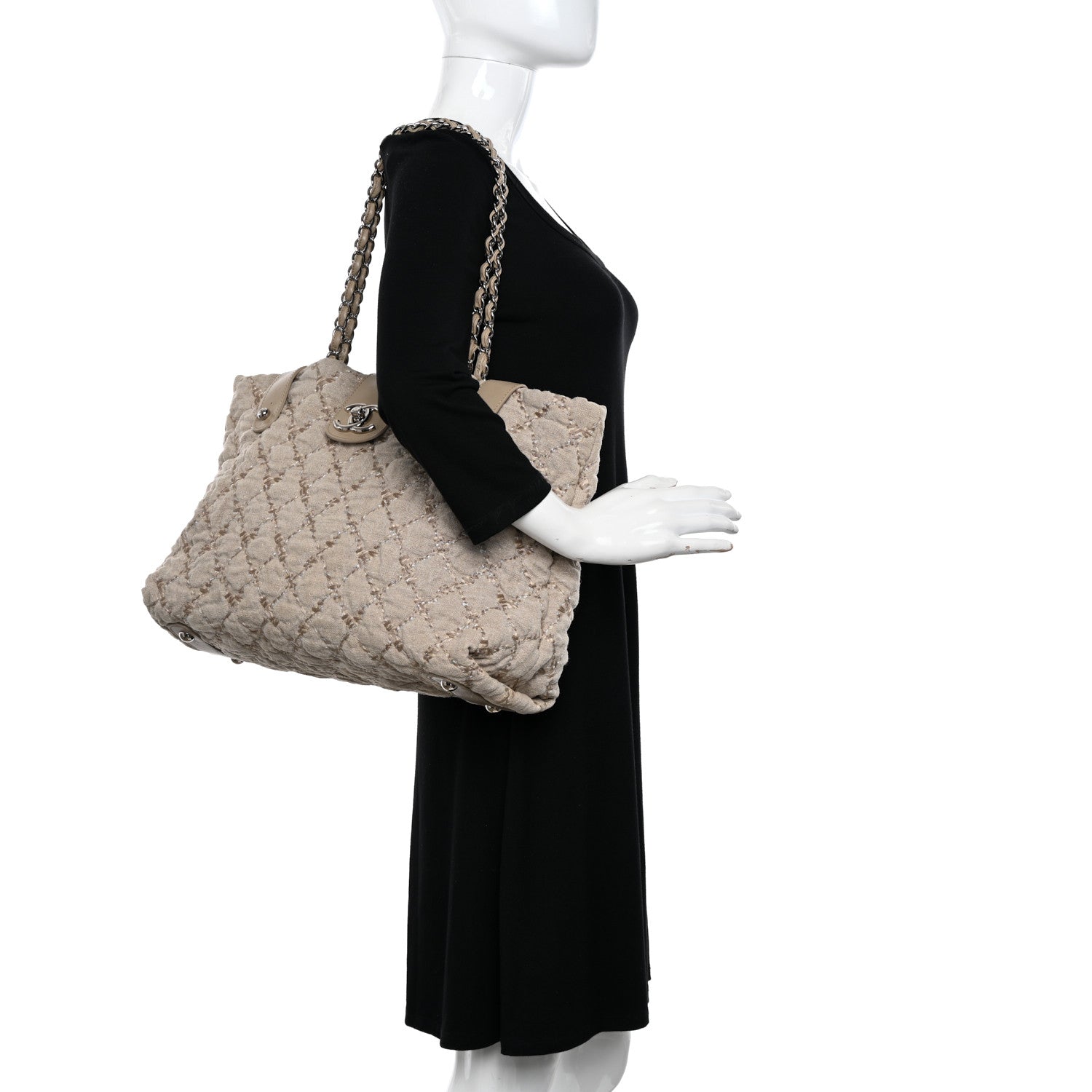 Chanel Canvas Quilted Tweed Stitch Bubble Shopping Tote Beige 2 of 10