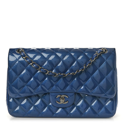 Chanel Patent Calfskin Quilted Jumbo Double Flap Blue 1 of 11