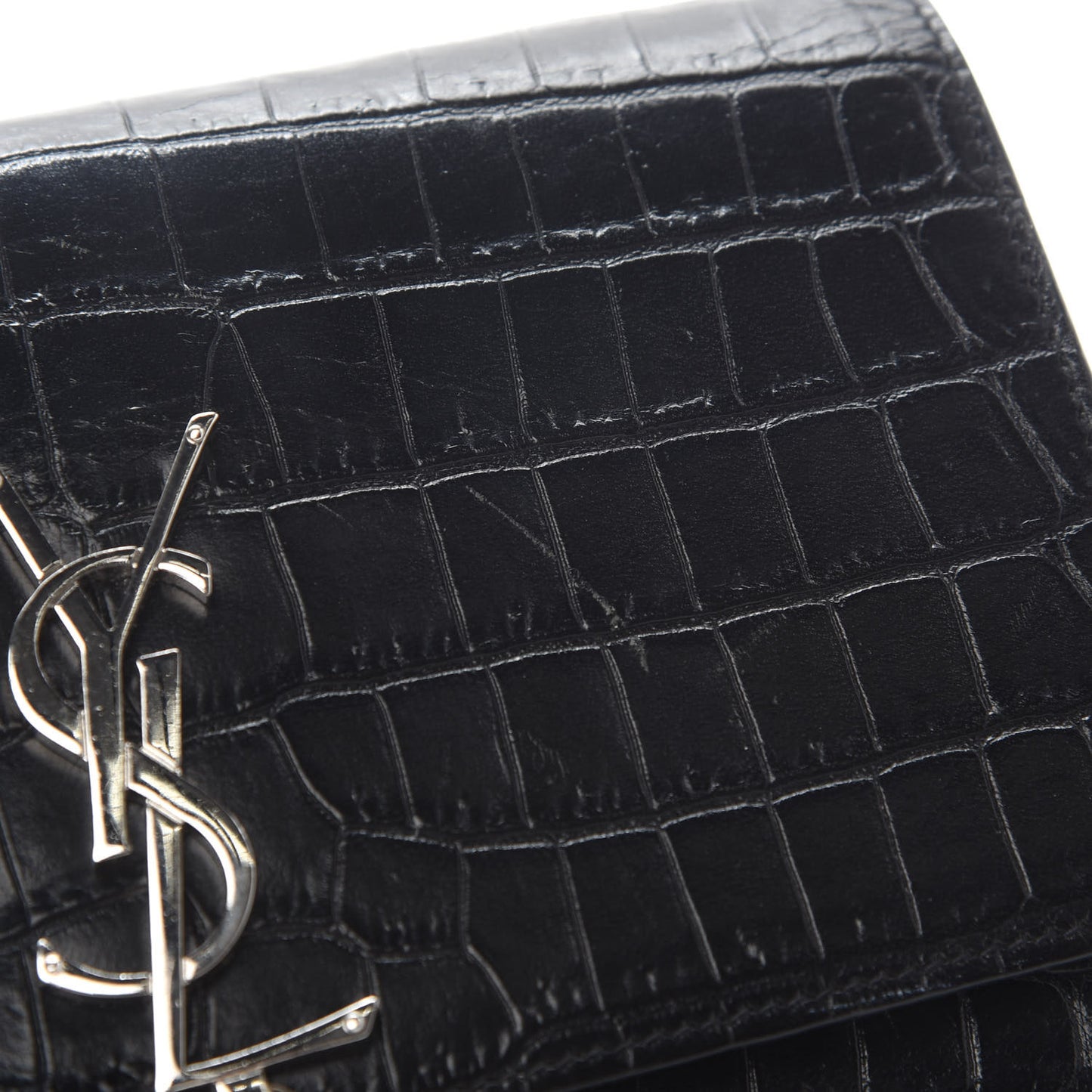 Calfskin Crocodile Embossed Kate Monogram Tassel Chain Wallet Black