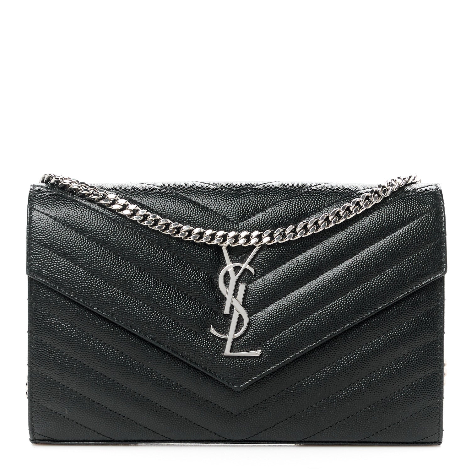 Saint Laurent Grain De Poudre Matelasse Chevron Monogram Chain Wallet Black 1 of 10