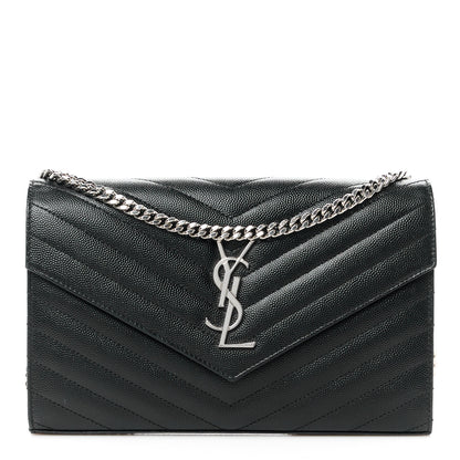 Saint Laurent Grain De Poudre Matelasse Chevron Monogram Chain Wallet Black 1 of 10