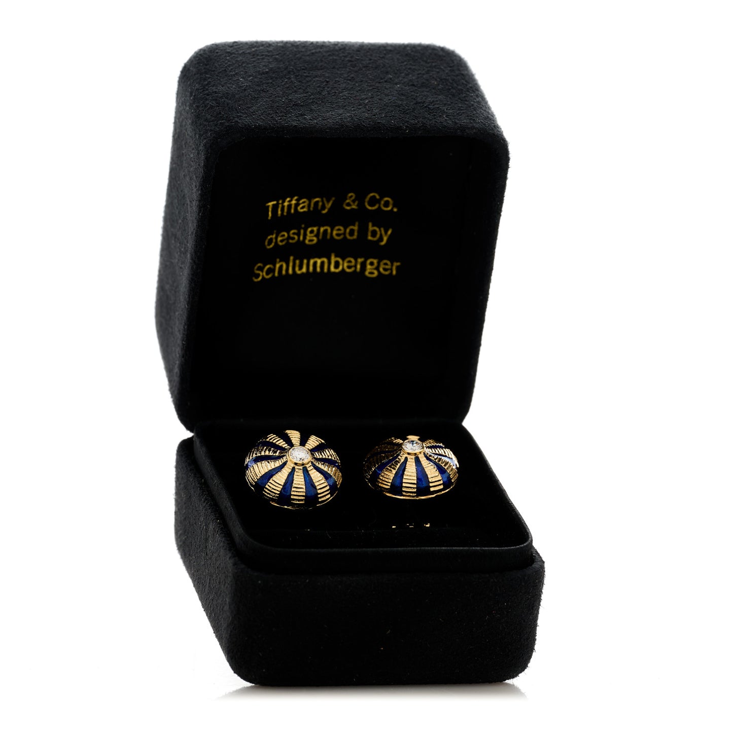 18K Yellow Gold Enamel Diamond Schlumberger Taj Mahal Clip-On Earrings Blue