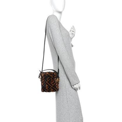 Fendi Shearling Vitello Dolce F is Fendi Macro FF 1974 Mini Mon Tresor Bucket Bag Tobacco Black 2 of 10
