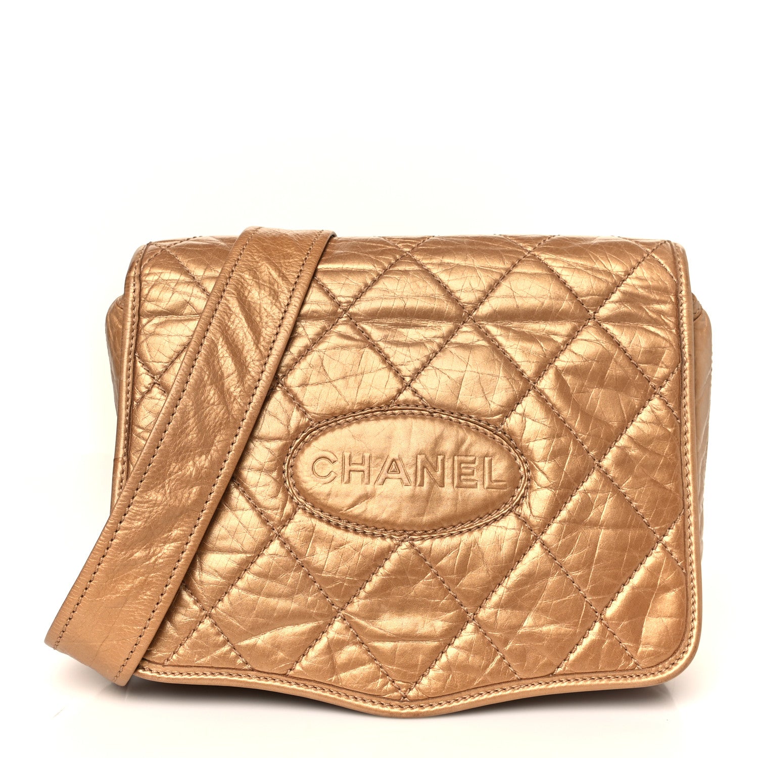 Chanel Aged Calfskin Quilted Vintage Ligne Messenger Flap Gold 1 of 11