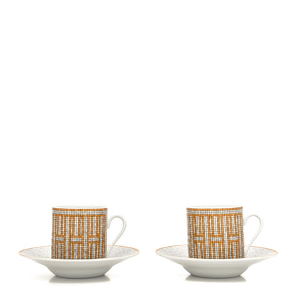 Hermes Porcelain Mosaique Au 24 Gold Coffee Cup and Saucer Set of 2 1 of 13