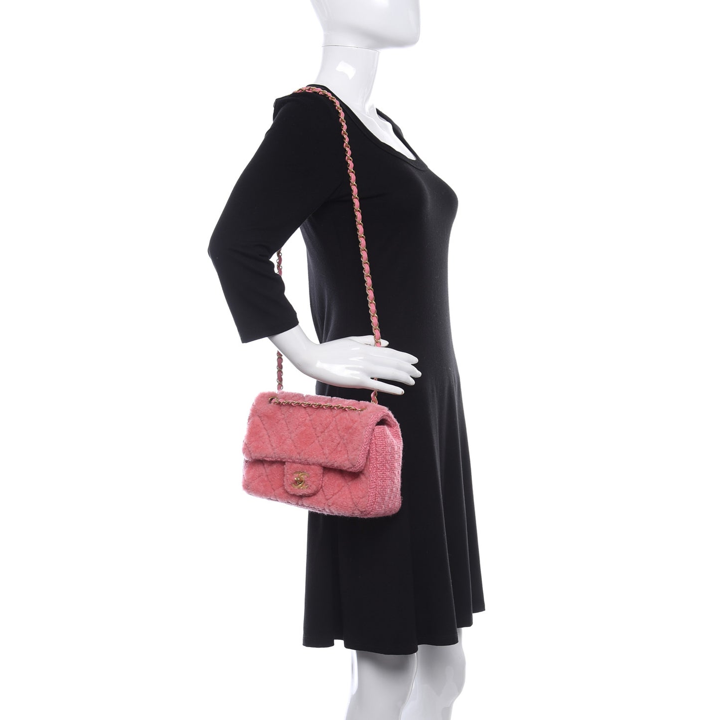 Shearling Sheepskin Tweed Quilted Single Flap Pink