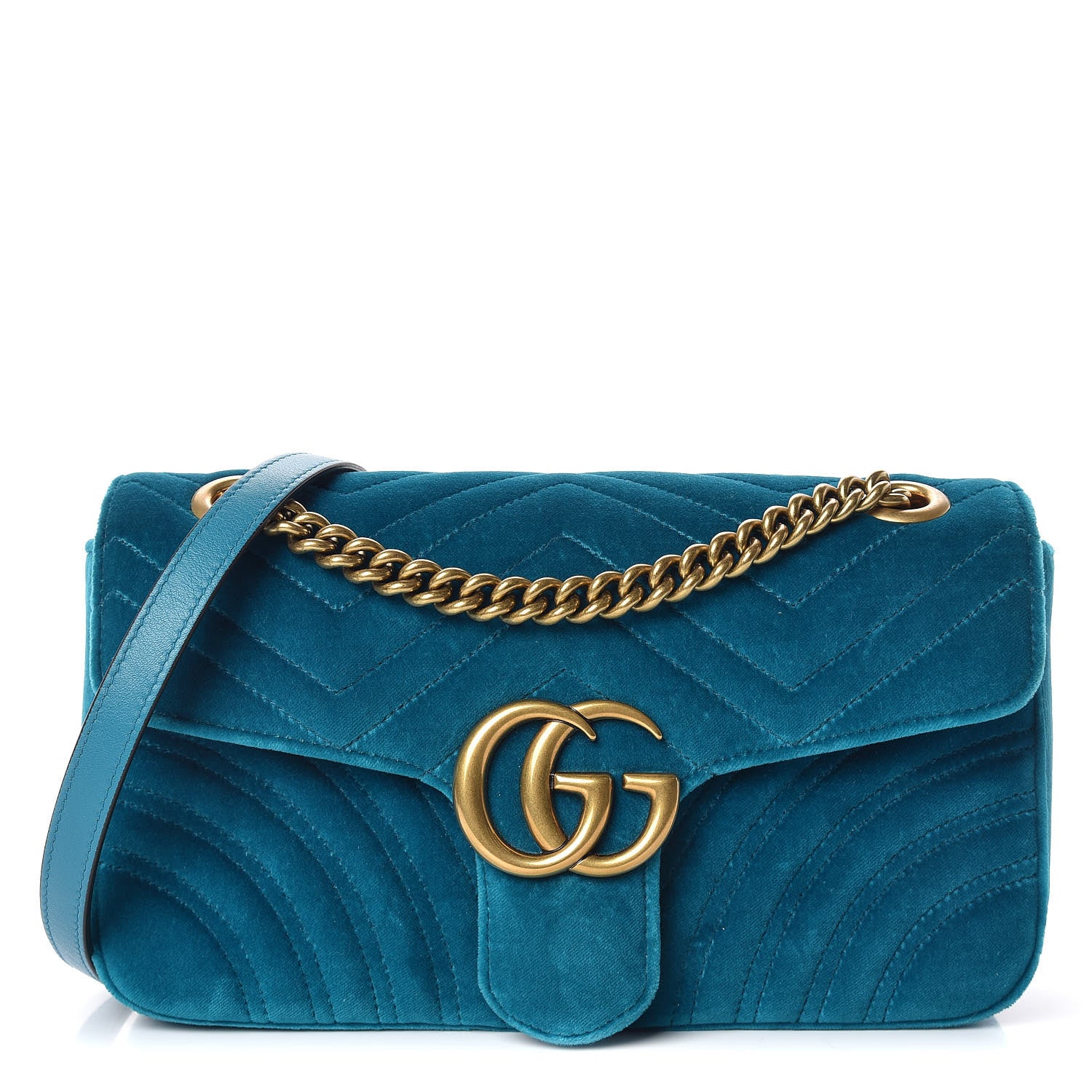 Gucci Velvet Matelasse Small GG Marmont Shoulder Bag Pavone Cyan 1 of 9