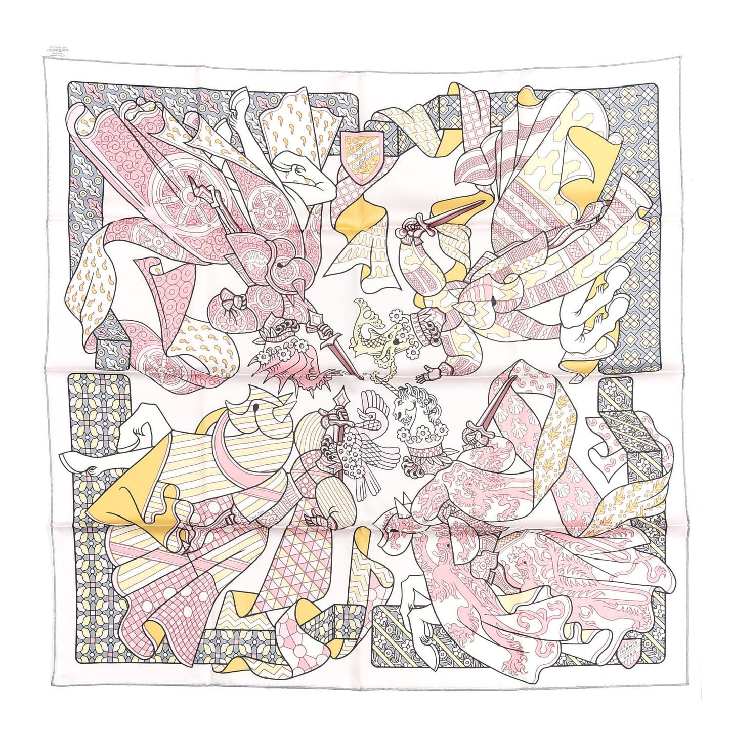 Silk Carre Duels Oniriques Scarf 90 Rose Pale Gris Jaune