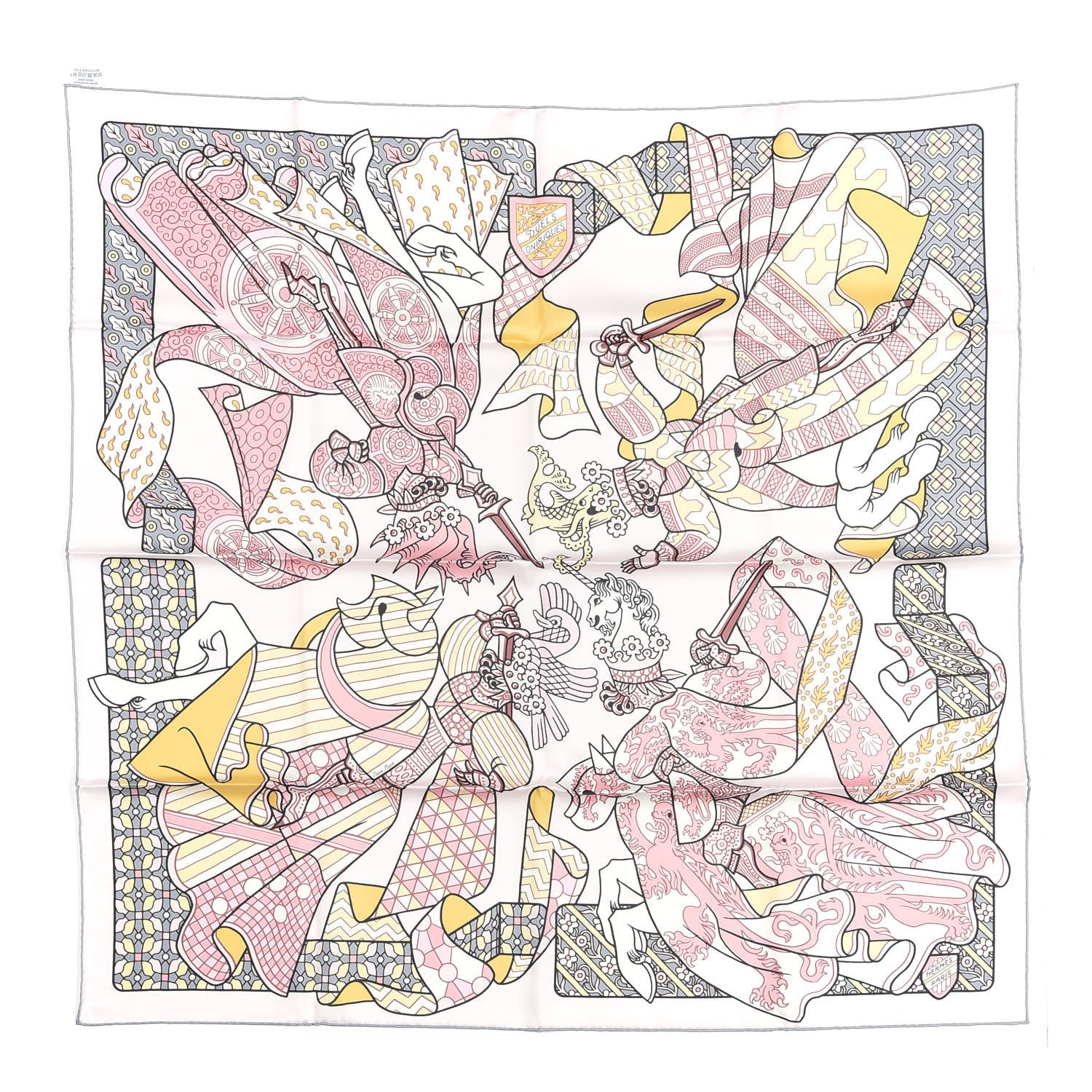 Hermes Silk Carre Duels Oniriques Scarf 90 Rose Pale Gris Jaune 1 of 5