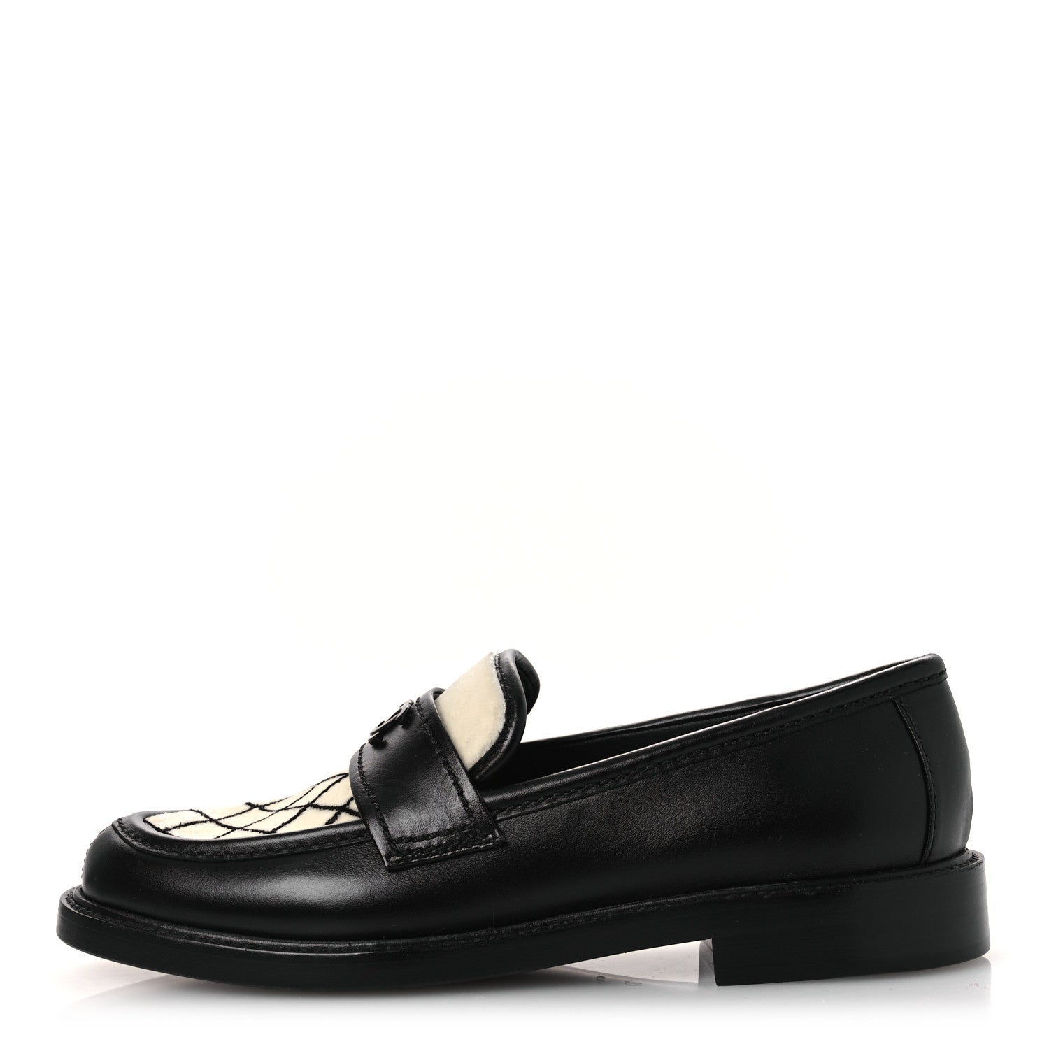 Chanel Calfskin Fabric Embroidered Quilted CC Loafers 37 Ivory Black 1 of 11