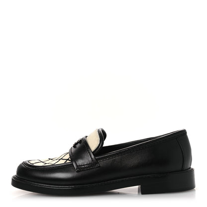 Chanel Calfskin Fabric Embroidered Quilted CC Loafers 37 Ivory Black 1 of 11
