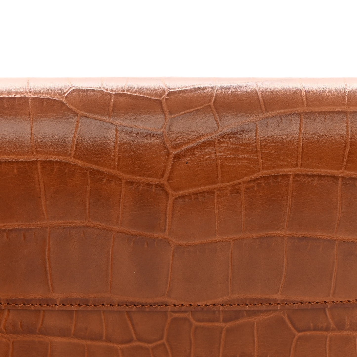 Shiny Calfskin Crocodile Embossed Small Manhattan Baguette Dark Caramel
