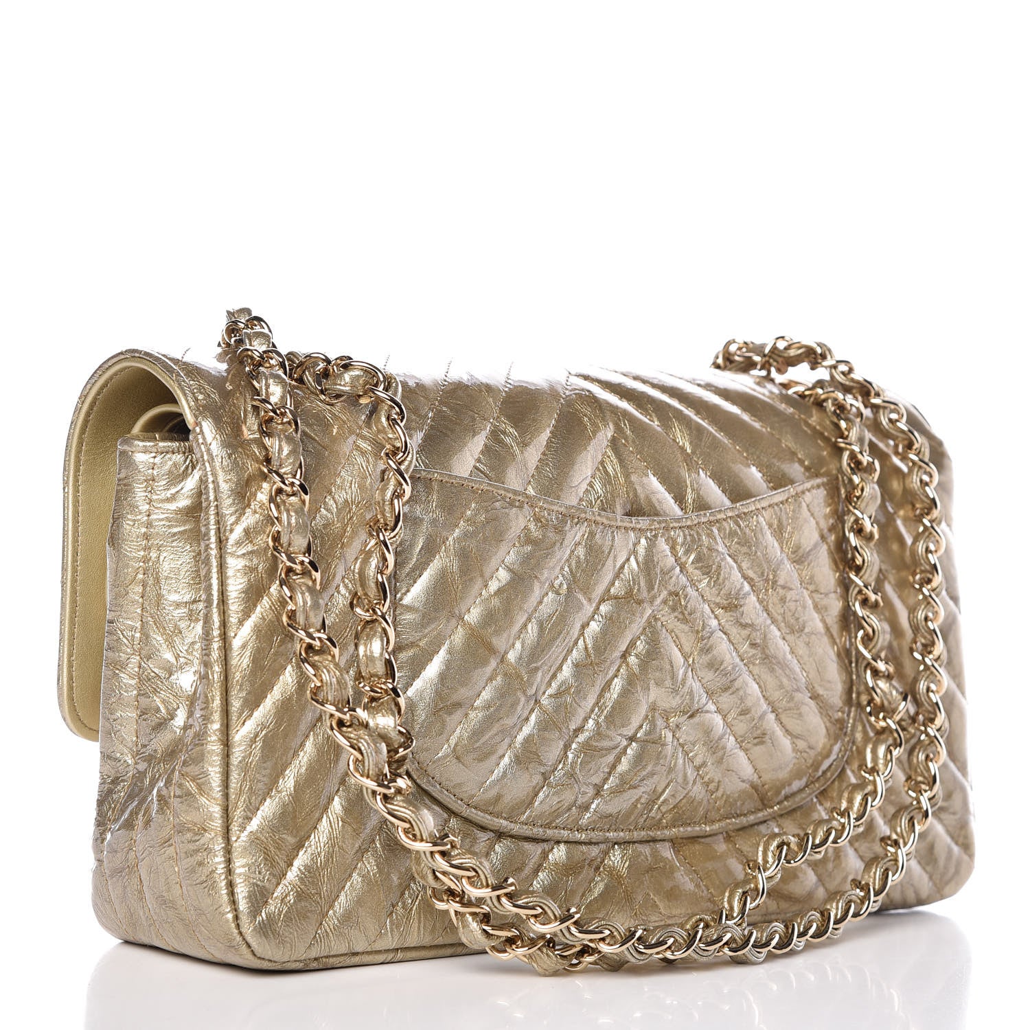 Chanel Metallic Patent Crumpled Calfskin Chevron Quilted Medium Double Flap Gold 3 of 12