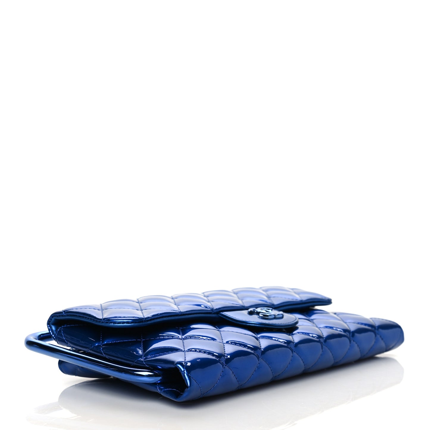 Metallic Patent Calfskin Quilted Metal Handle Clutch Blue