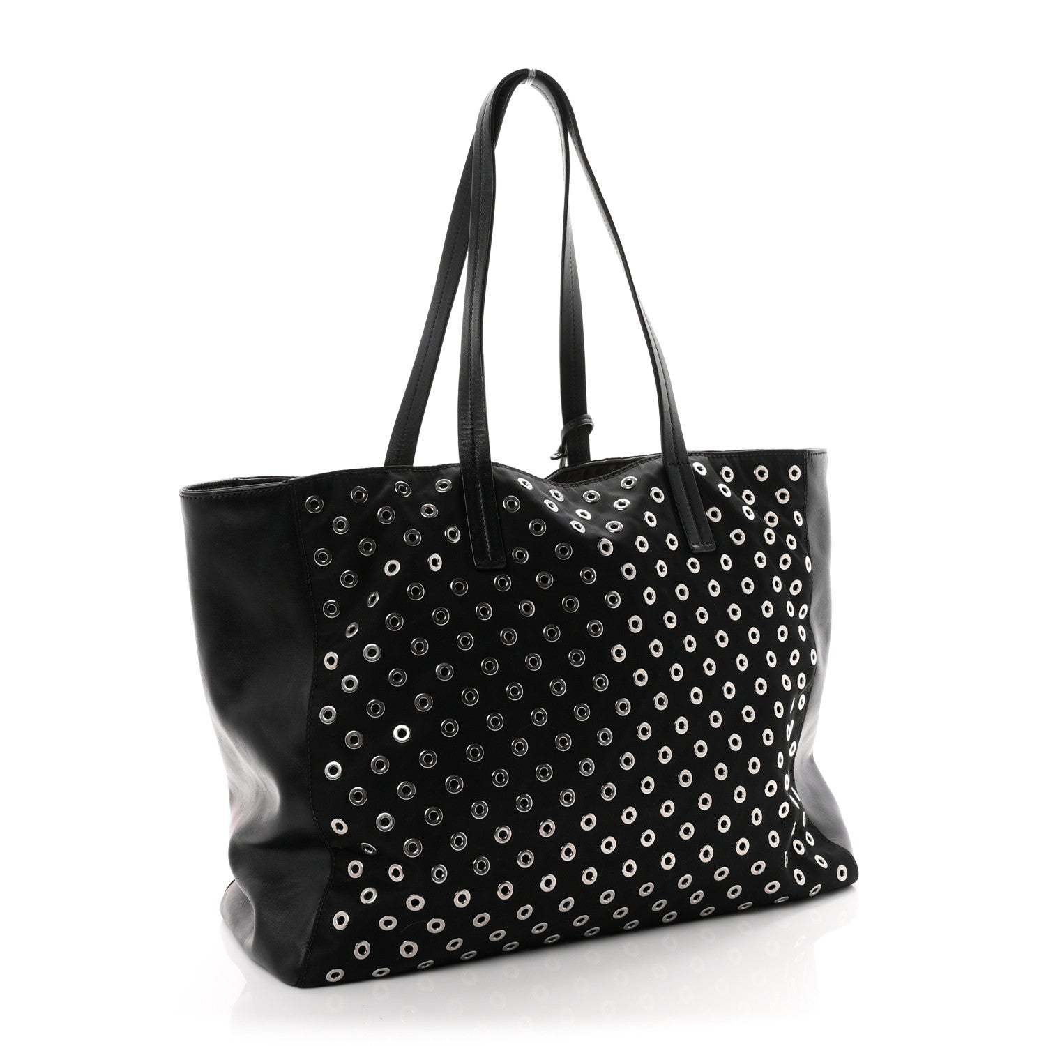 Prada Tessuto Nylon Calfskin Grommet Tote Black 3 of 9