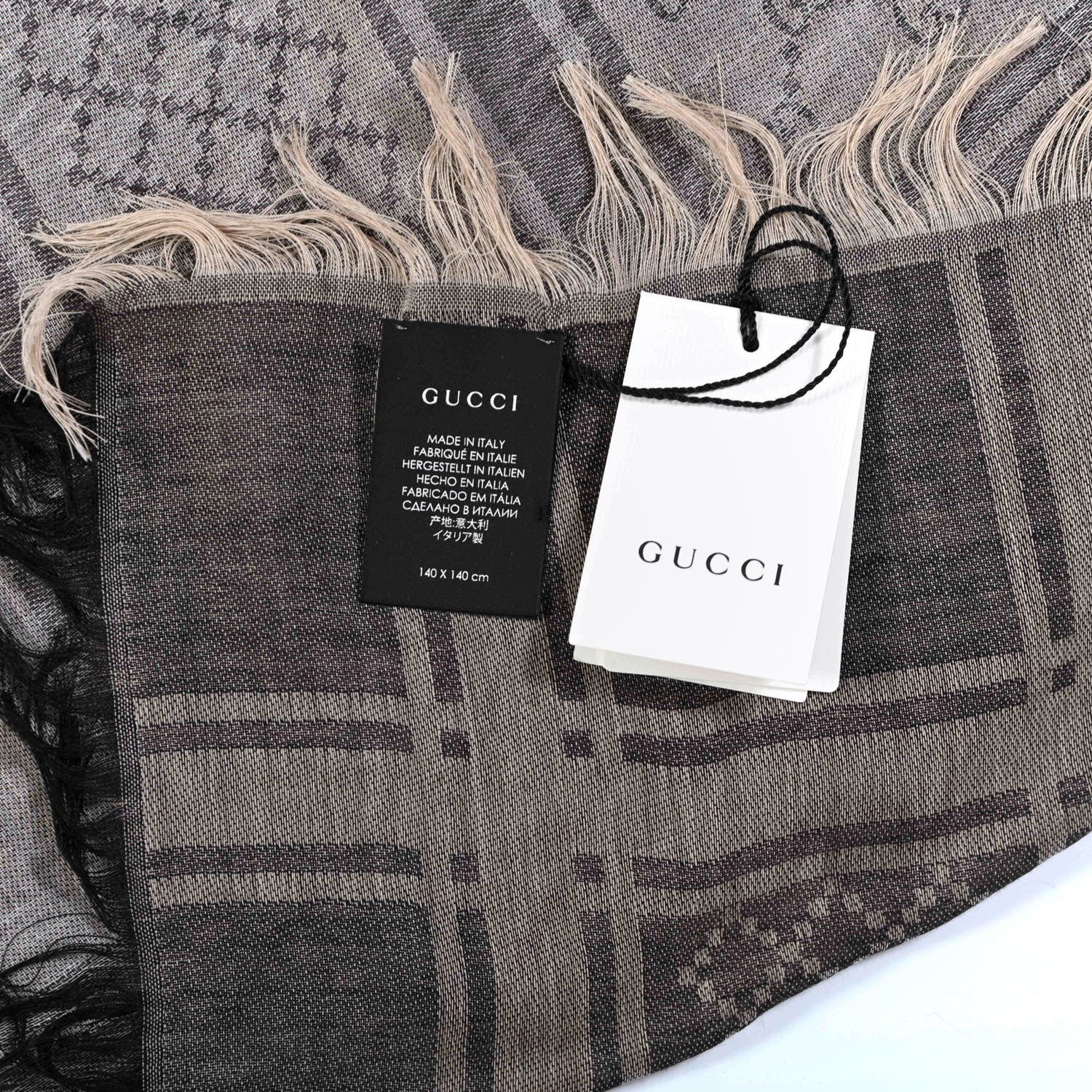 Gucci Wool Silk GG Monogram Diamante Plaid Surviee Shawl Beige Dark Brown 2 of 4