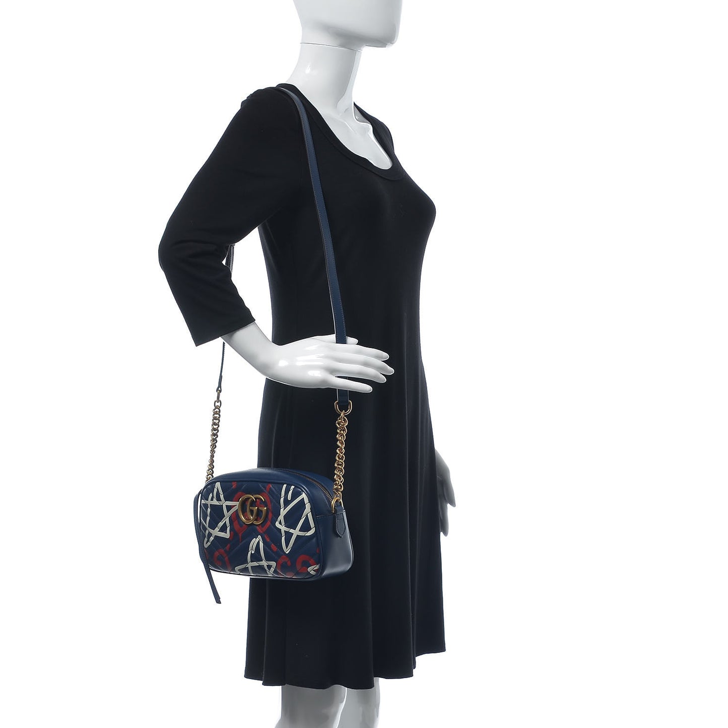 Calfskin Matelasse GucciGhost Small GG Marmont Chain Shoulder Bag Blue Agata Hibiscus Red