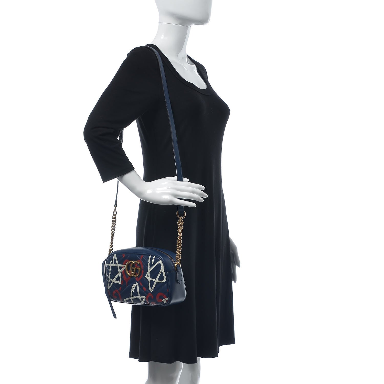 Gucci Calfskin Matelasse GucciGhost Small GG Marmont Chain Shoulder Bag Blue Agata Hibiscus Red 2 of 11