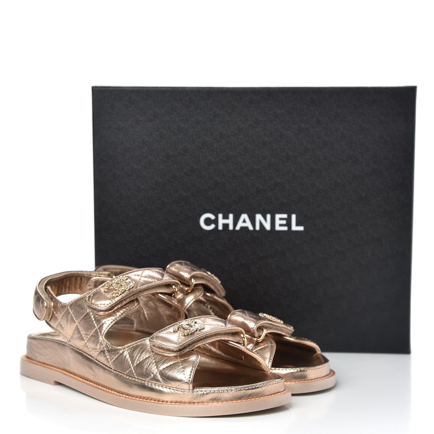 Chanel Iridescent Lambskin Quilted Velcro Dad Sandals 39 Light Bronze 8 of 8