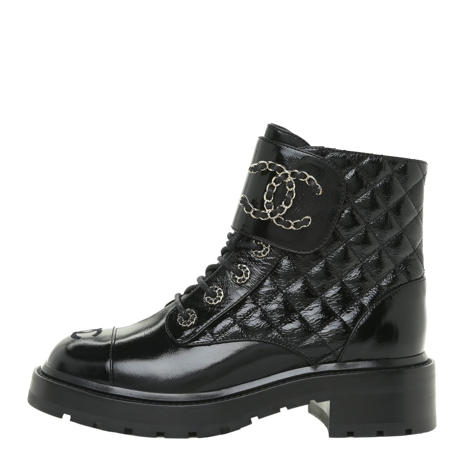 Chanel Shiny Calfskin Quilted Lace Up Combat Boots 38 Black 1 of 13